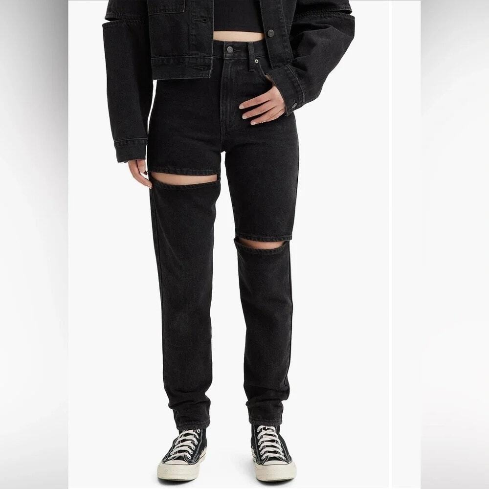 Levis High Waisted Mom Jeans sliced black high rise leg holes rips retro 28